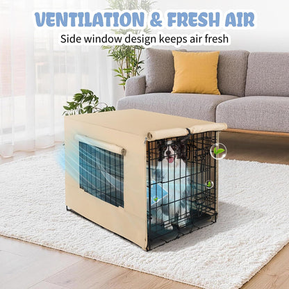 Side view of Akinerri beige pet cage cover emphasizing the durable mesh ventilation window.