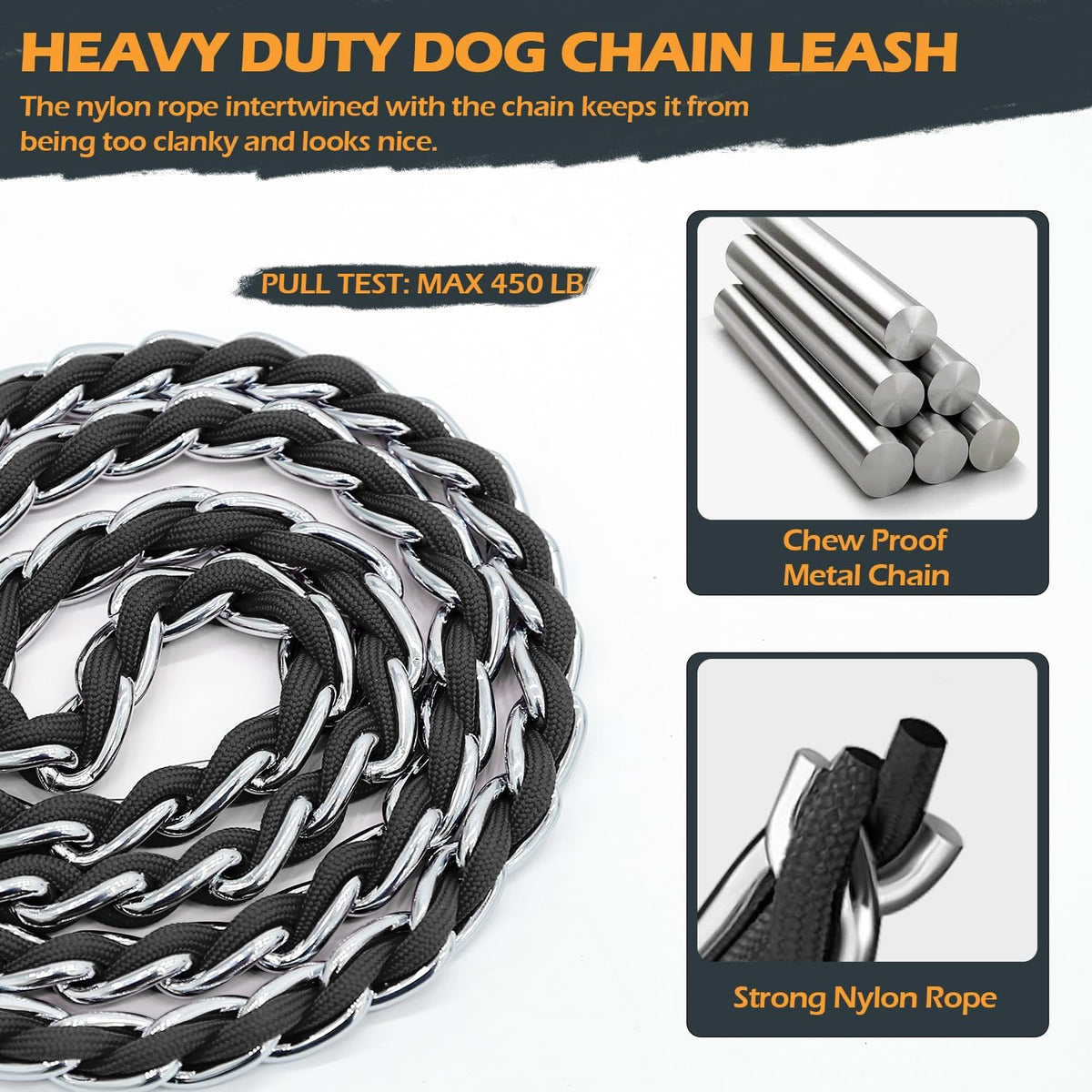 Tangle free three hundred sixty degree swivel snap on chew proof metal dog traction chain