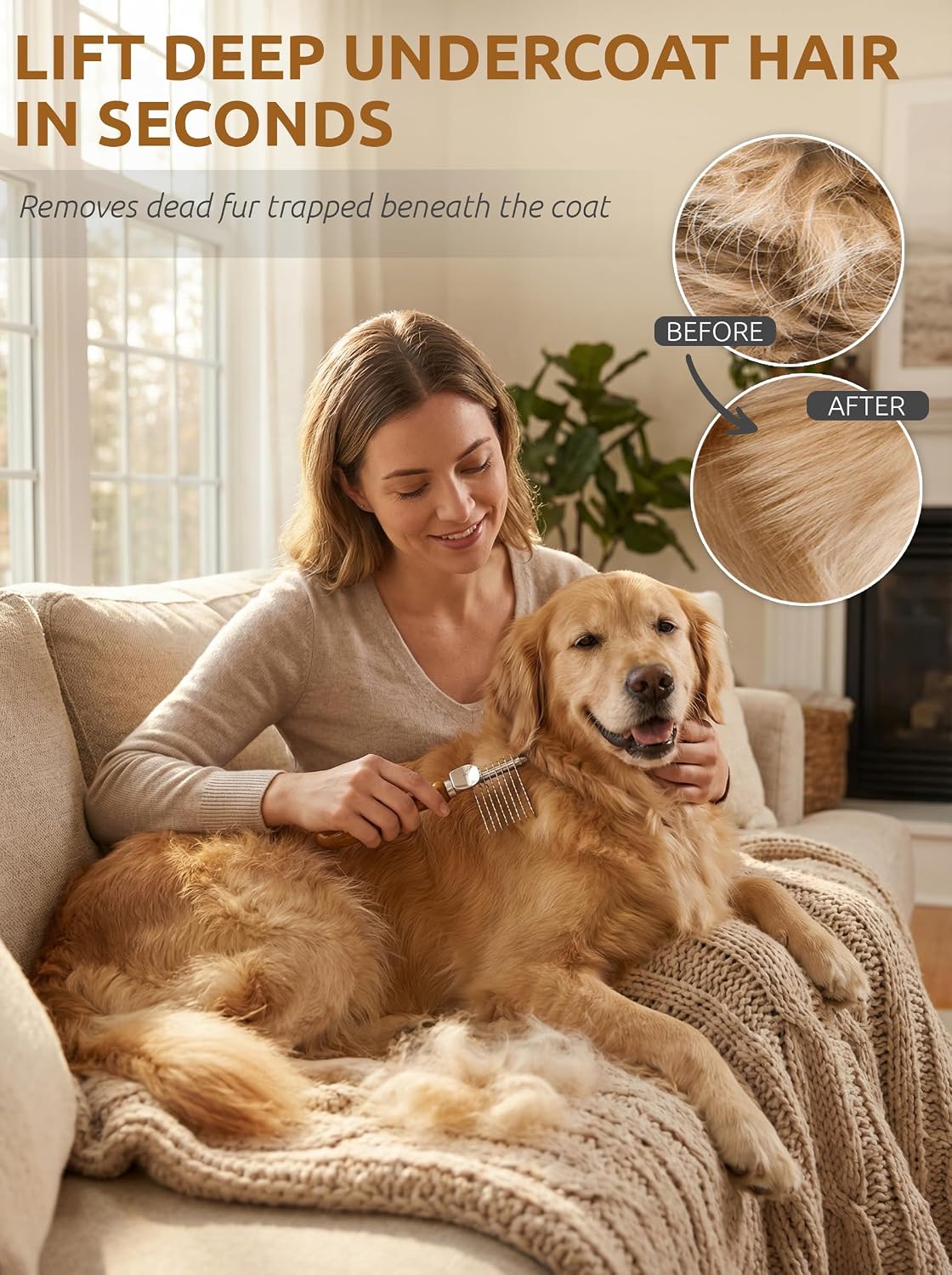 Takavu dematting comb being used on long haired dog coat