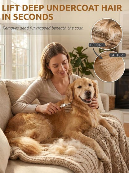 Takavu dematting comb being used on long haired dog coat
