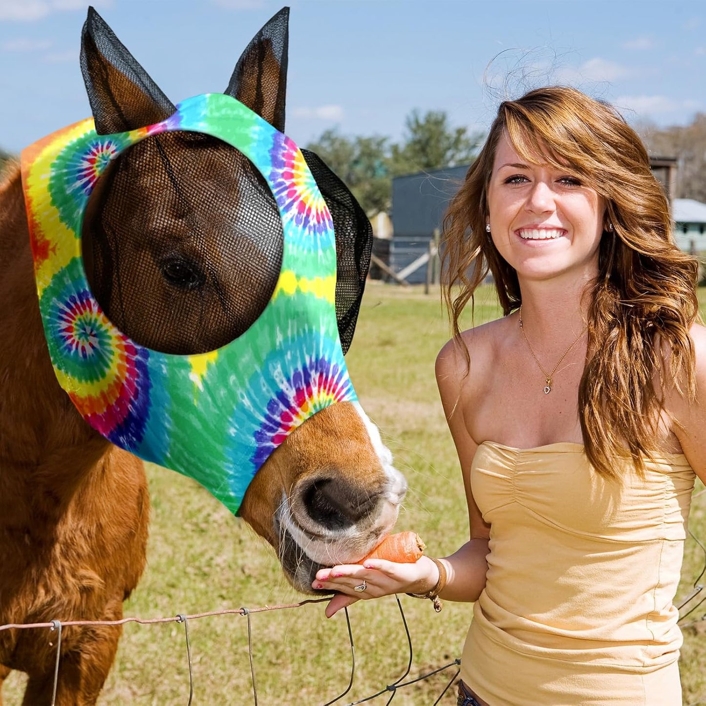 Set of six colorful tie dye fly masks for equestrian use