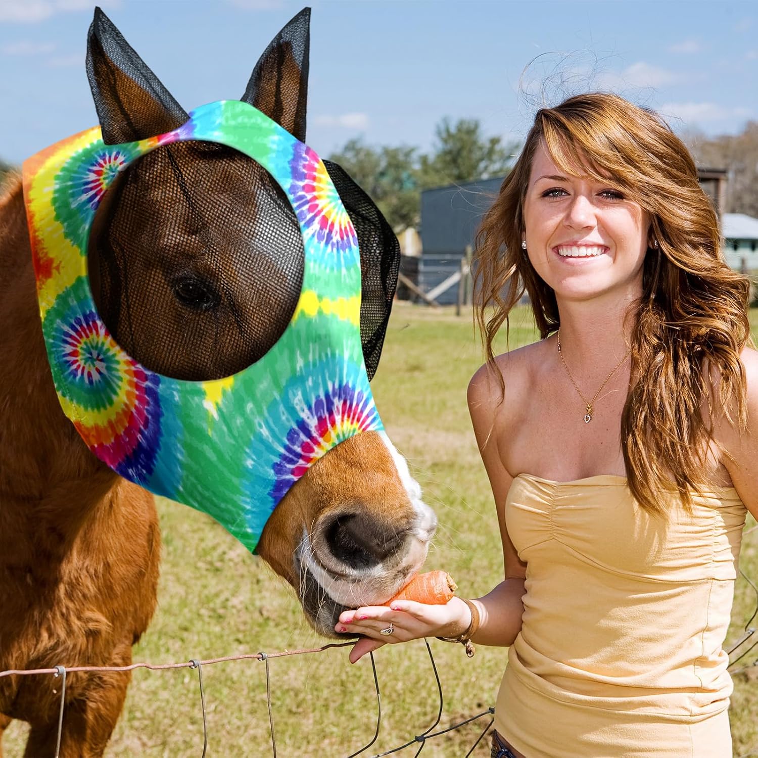 Set of six colorful tie dye fly masks for equestrian use