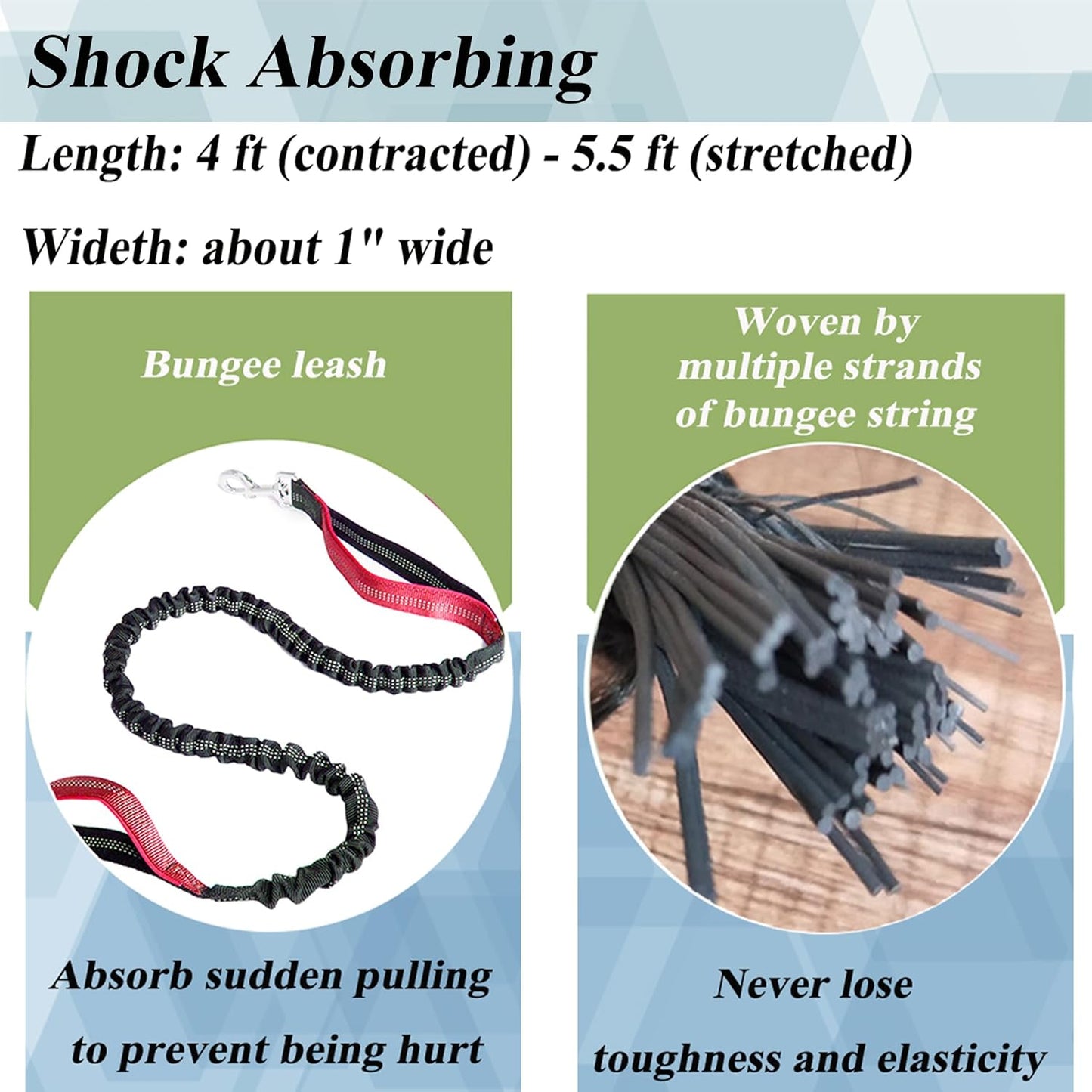 Premium reflective dog lead extension stretched view illustrating elastic bungee inner core