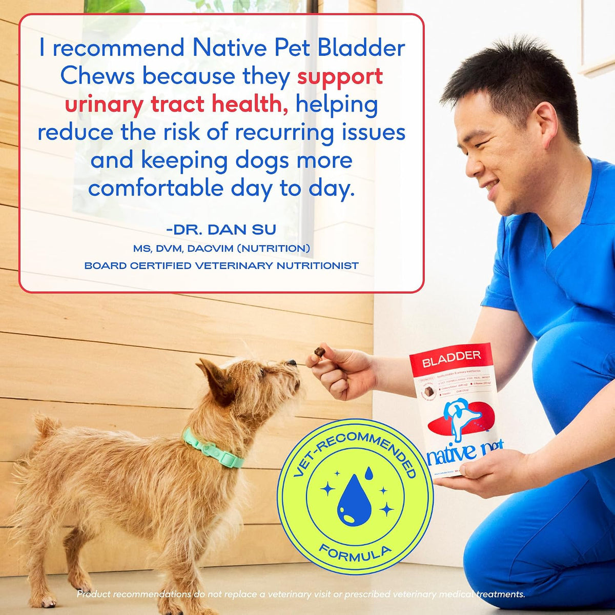 Native Pet urinary tract and bladder health pouch next to a healthy mixed breed dog.
