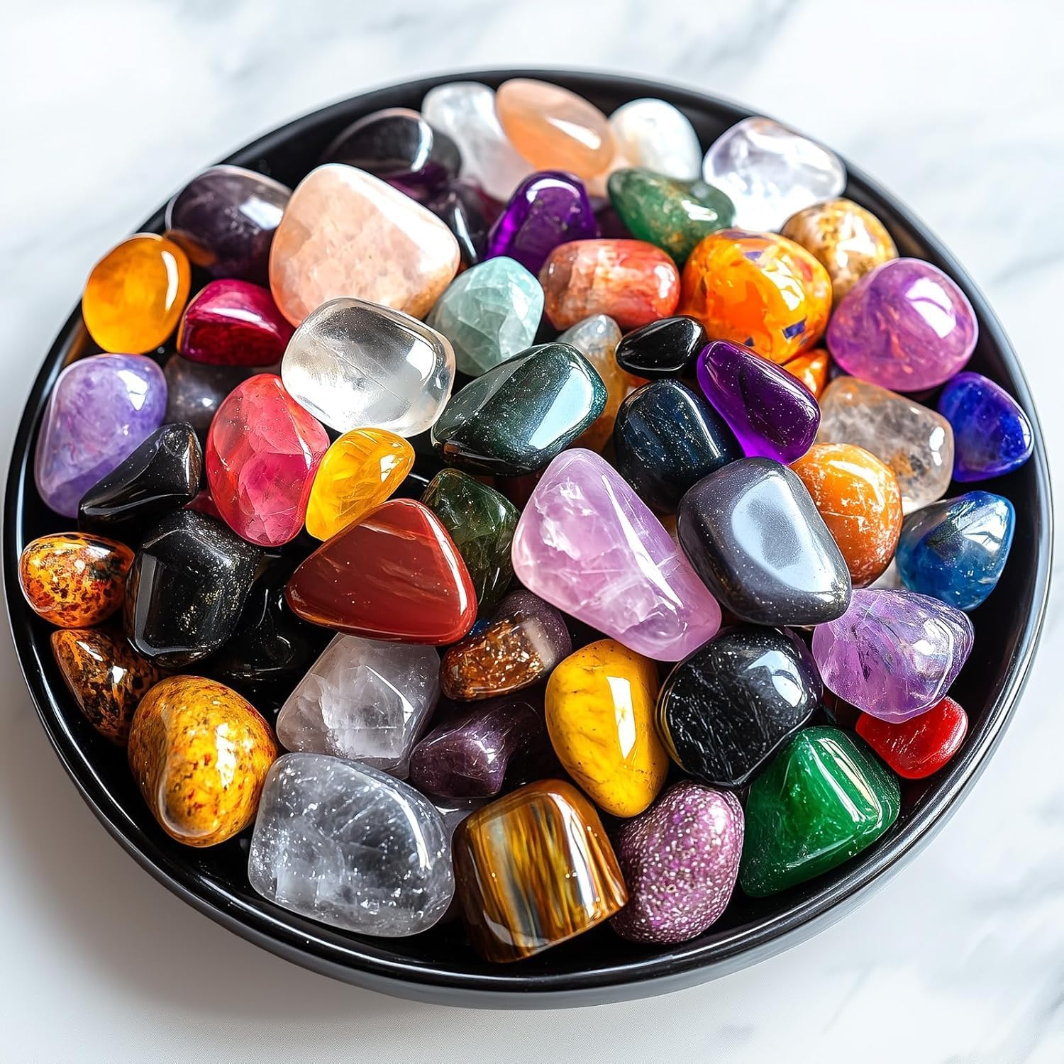 SigMntun Polished Mixed Crystal Chips Set front view showing assorted gemstones in a bowl.