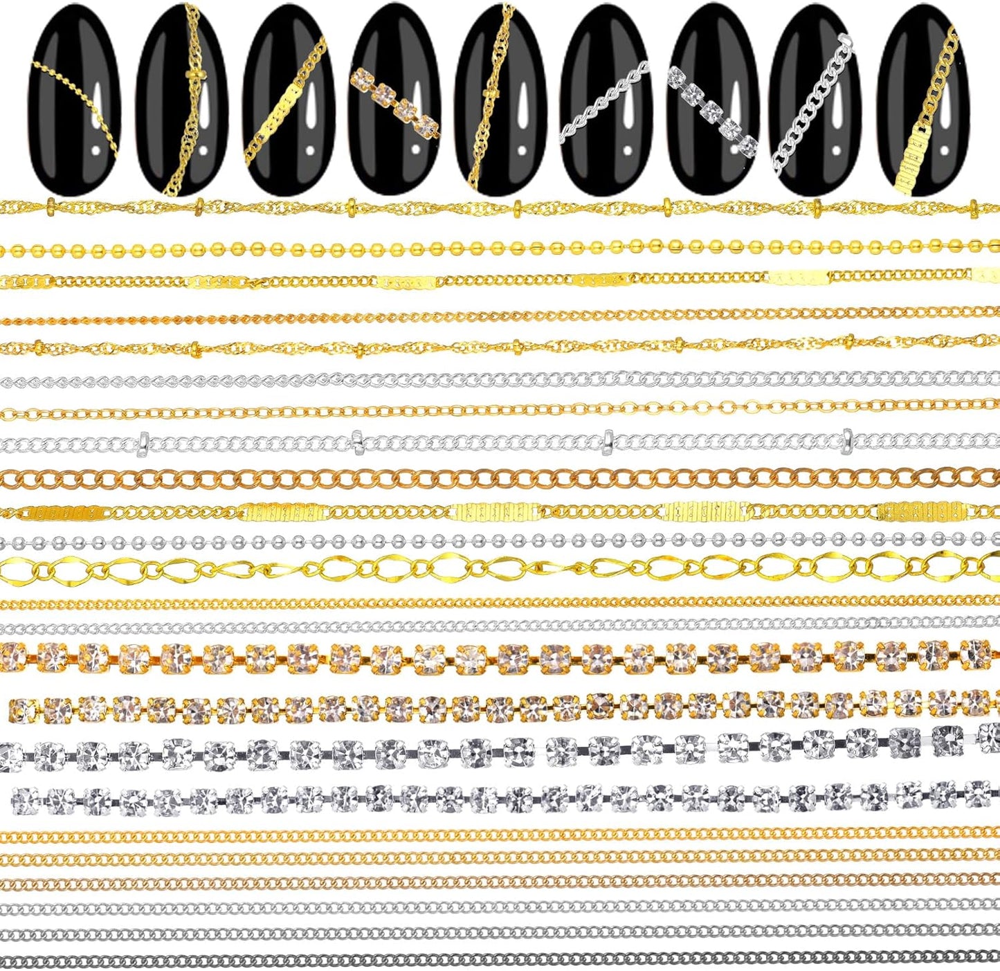 Aozuo 24 strips nail art chains gold and silver set