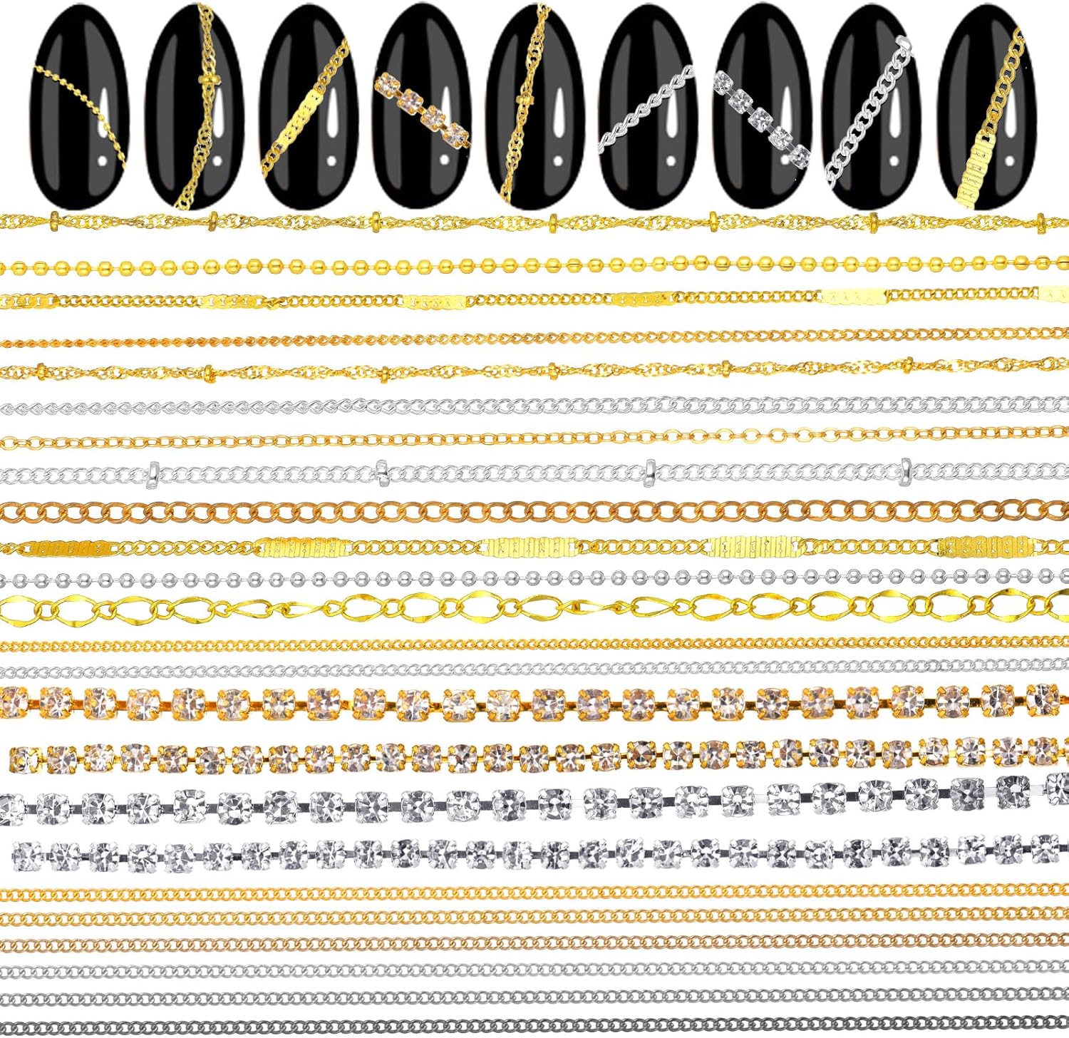 Aozuo 24 strips nail art chains gold and silver set