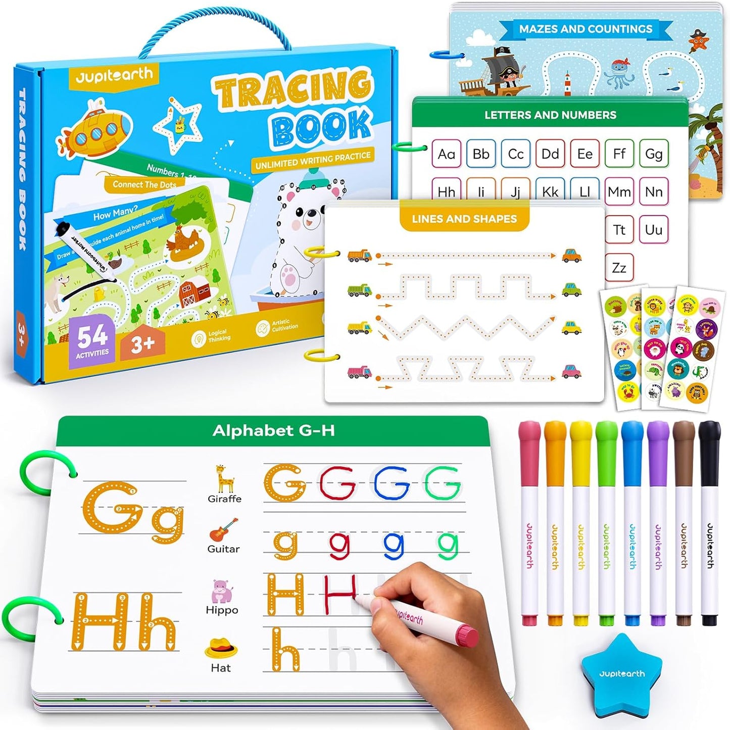 Jupitearth Preschool Learning Activities Book front view of the packaging box showing reusable tracing features.