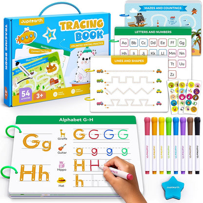 Jupitearth Preschool Learning Activities Book front view of the packaging box showing reusable tracing features.