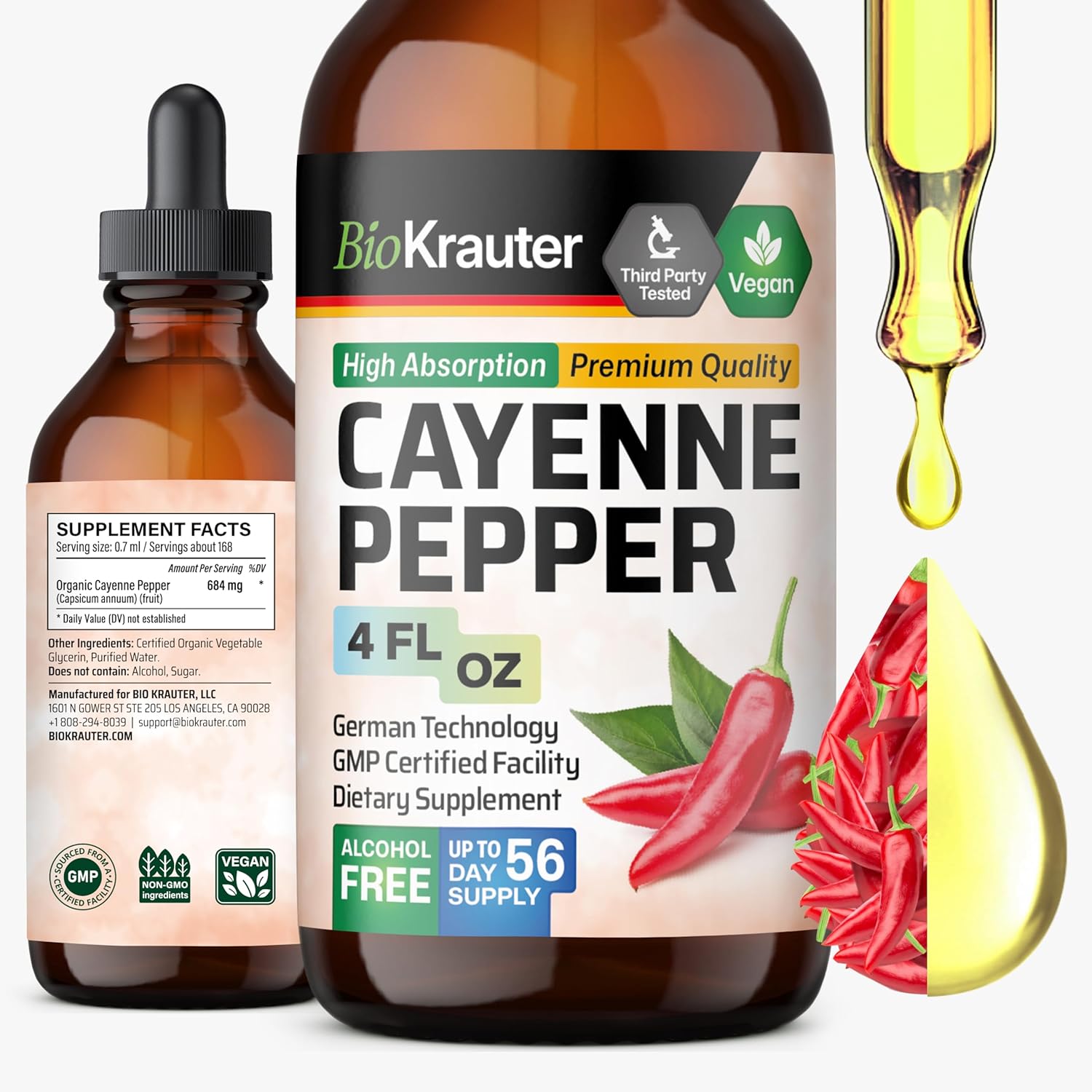 BIO KRAUTER Cayenne Pepper Drops front view bottle for natural digestive support.
