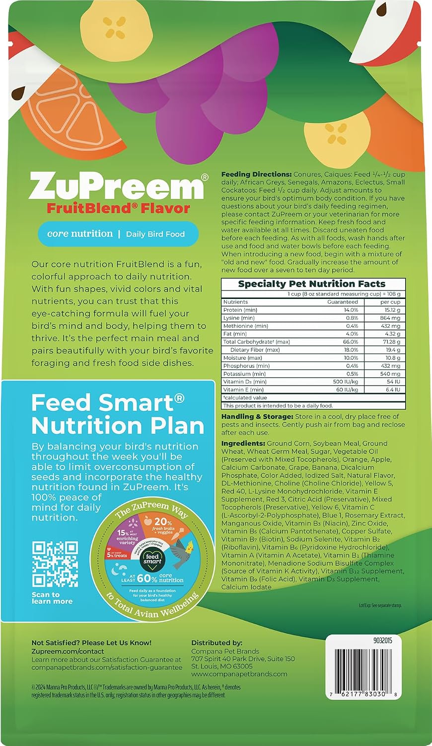 ZuPreem FruitBlend bag showing fruit ingredients graphic