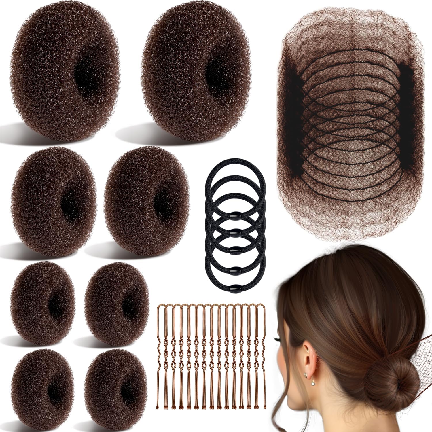 TsMADDTs donut hair bun maker and invisible brown hair nets styling set front view showing complete sixty three piece collection.