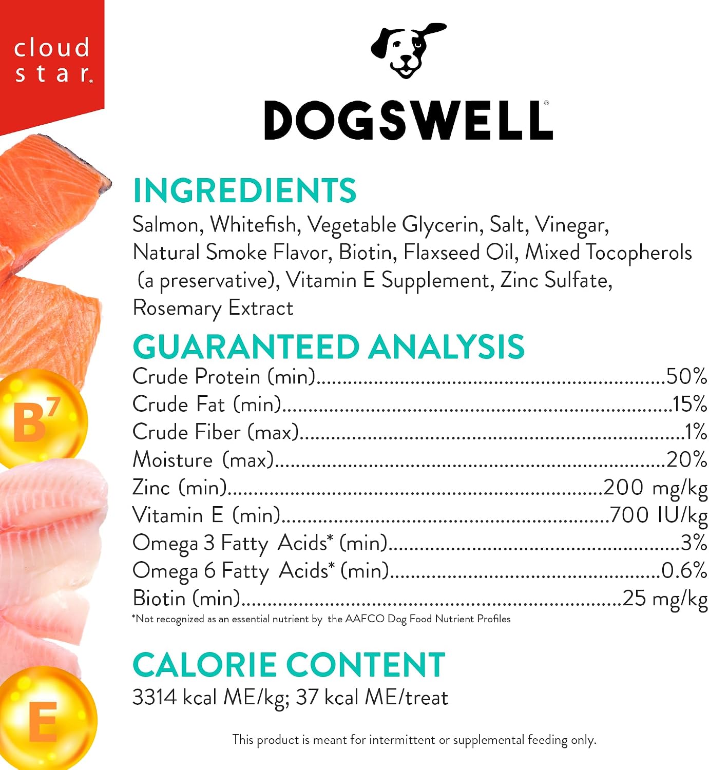 Close up of Dogswell salmon jerky treats for dogs