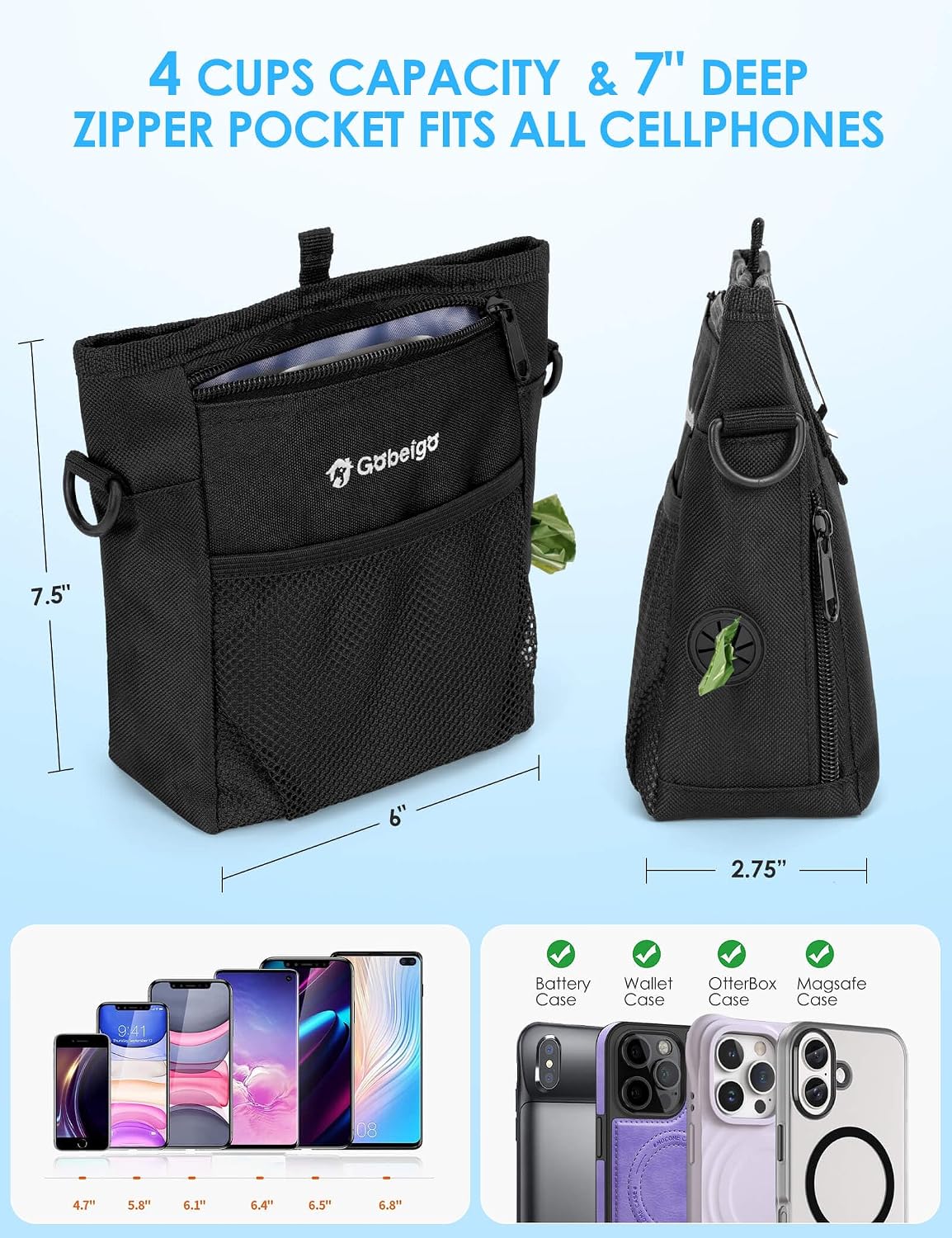 Hands-free dog treat pouch demonstrating the adjustable waist belt and metal clip options