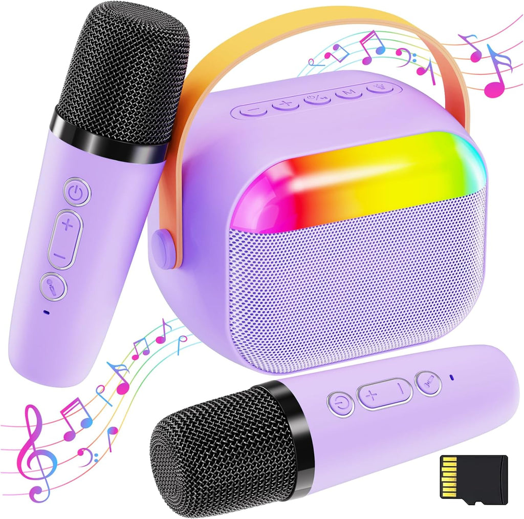 FunMission kids karaoke machine front view showing purple speaker with glowing RGB LED lights and two matching wireless microphones.