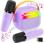 FunMission kids karaoke machine front view showing purple speaker with glowing RGB LED lights and two matching wireless microphones.