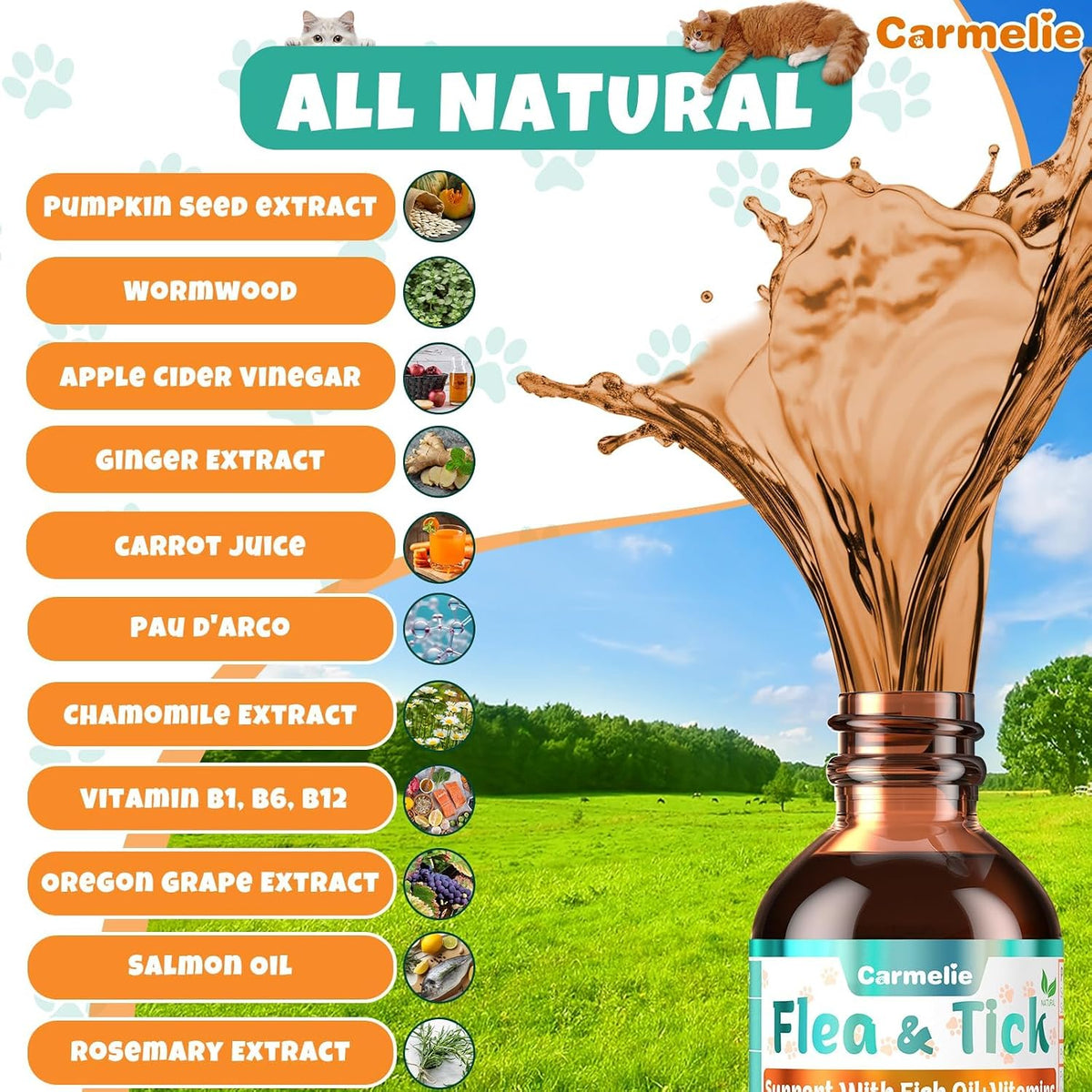 Carmelie herbal flea supplement dropper bottle showing chicken flavor label