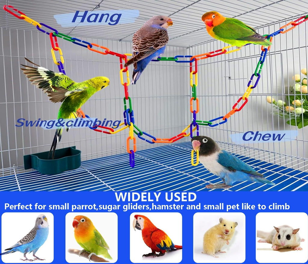 Close up of interlocking rainbow C-clip links for bird cages