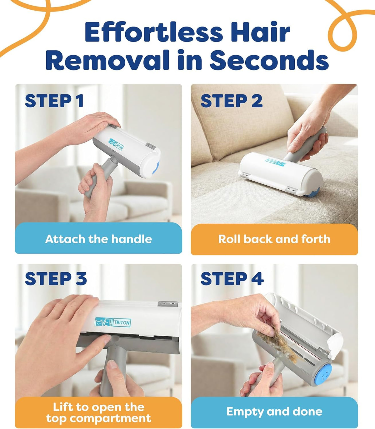 Triton pet hair remover cleaning a gray fabric sofa