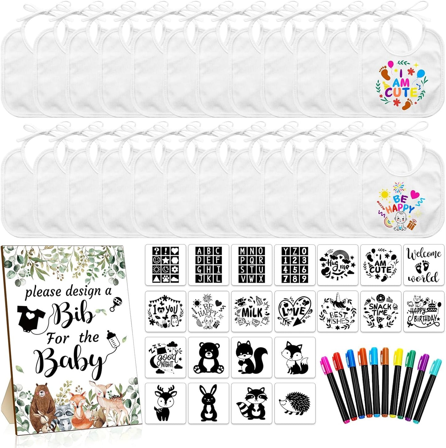 Newwiee 55 piece white baby bib decorating kit front view showcasing the full contents including stencils and fabric markers.
