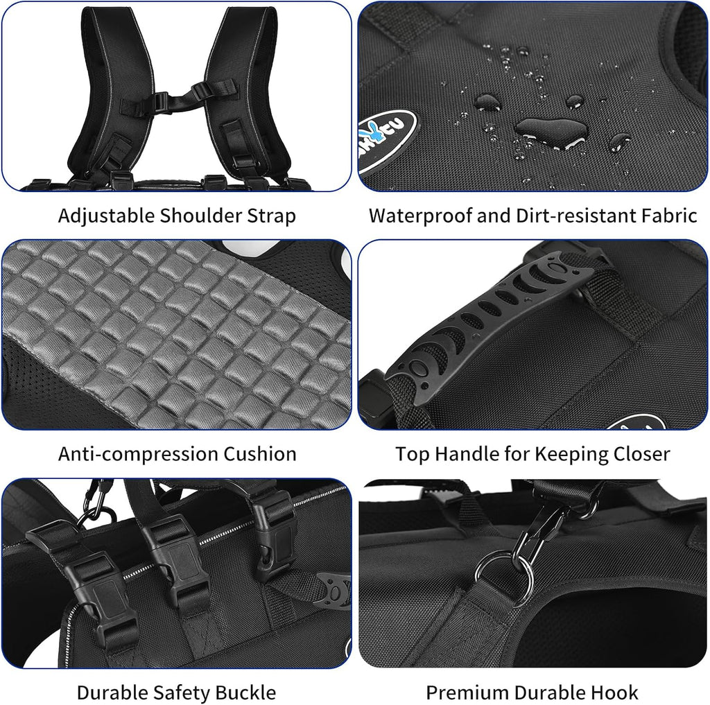 Adjustable secure buckle closures on Wakytu pet transport backpack for proper fit.