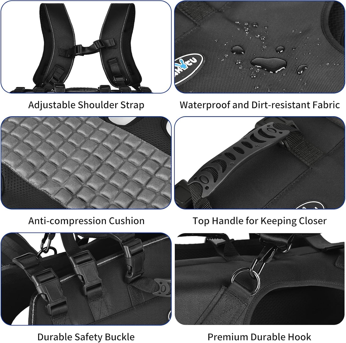 Adjustable secure buckle closures on Wakytu pet transport backpack for proper fit.