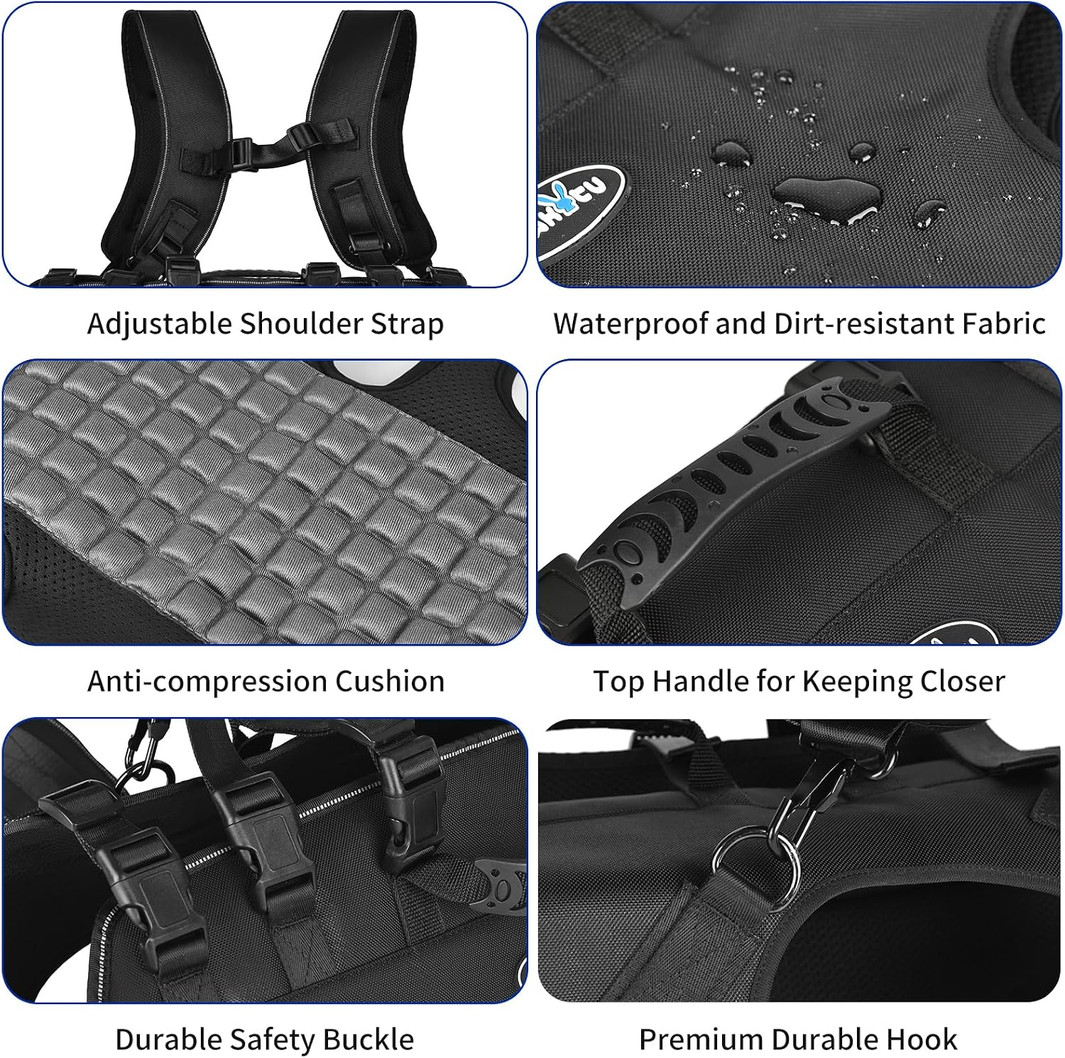 Adjustable secure buckle closures on Wakytu pet transport backpack for proper fit.