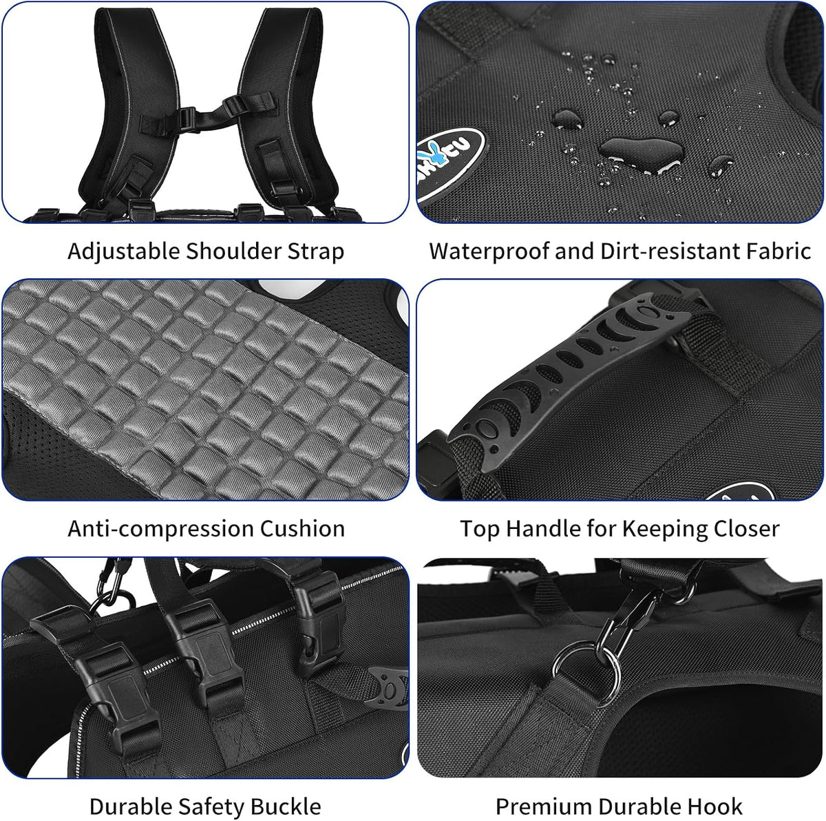 Adjustable secure buckle closures on Wakytu pet transport backpack for proper fit.