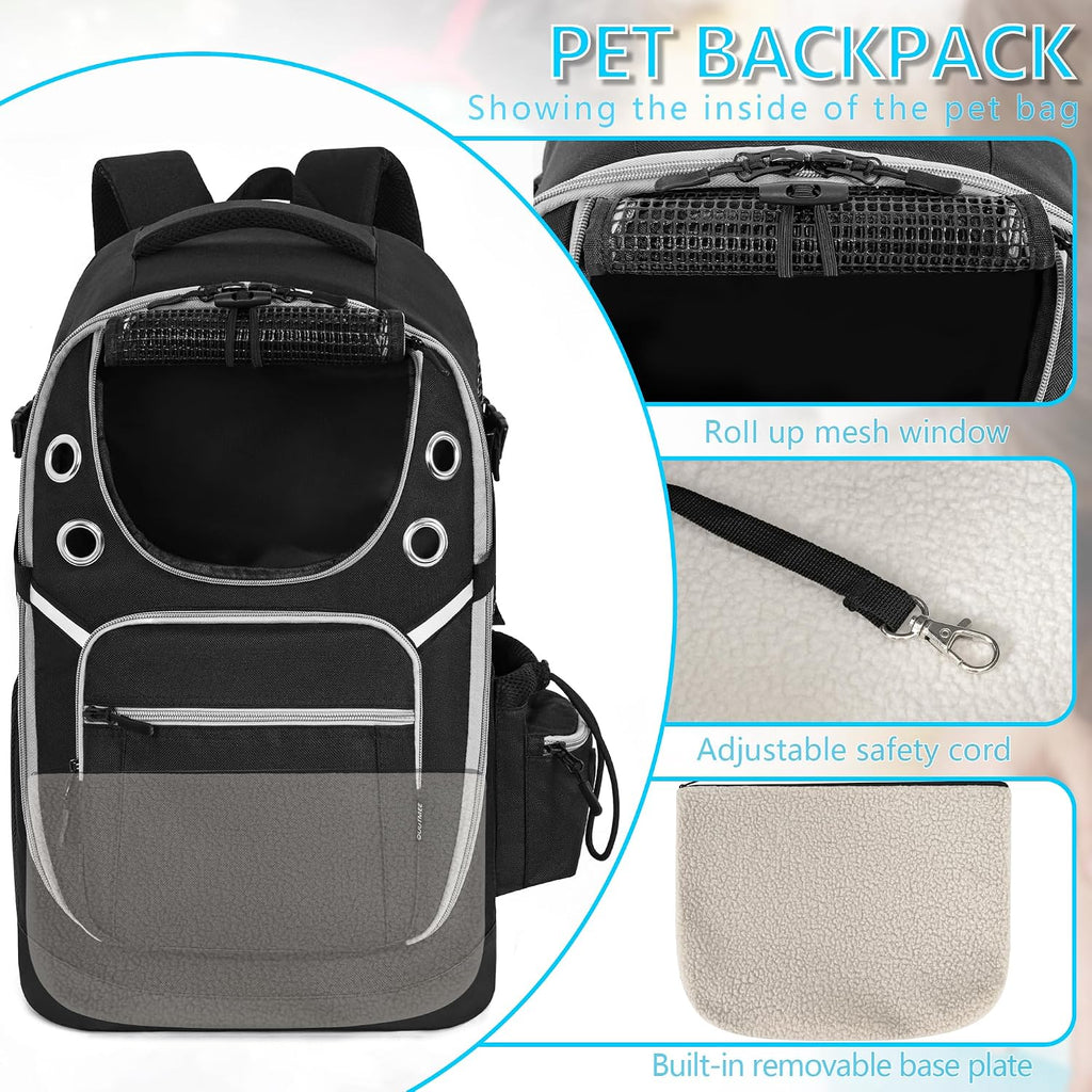 Ergonomic pet backpack carrier showing padded shoulder straps and secure chest buckles