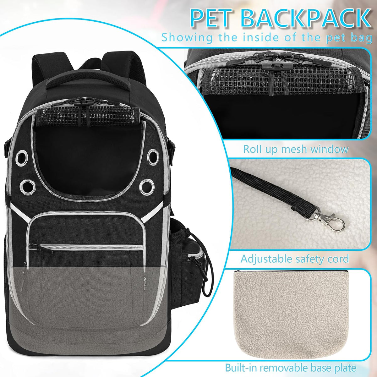 Ergonomic pet backpack carrier showing padded shoulder straps and secure chest buckles