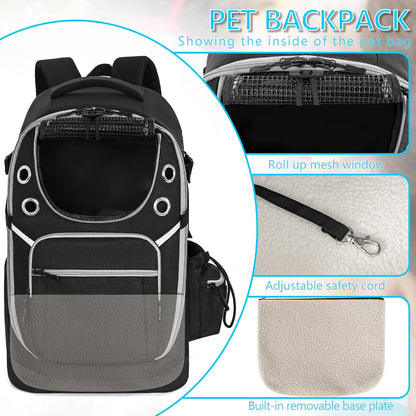 Ergonomic pet backpack carrier showing padded shoulder straps and secure chest buckles