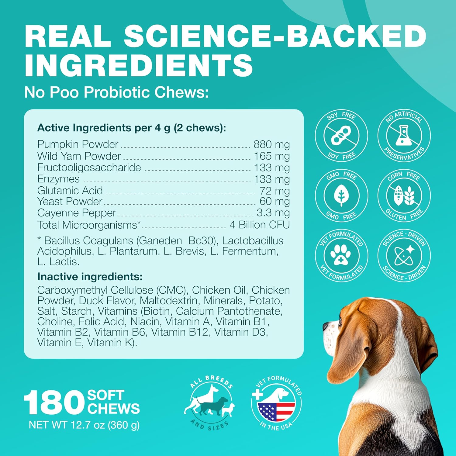 Back label of Chewia dog supplement showing weight based daily feeding instructions.