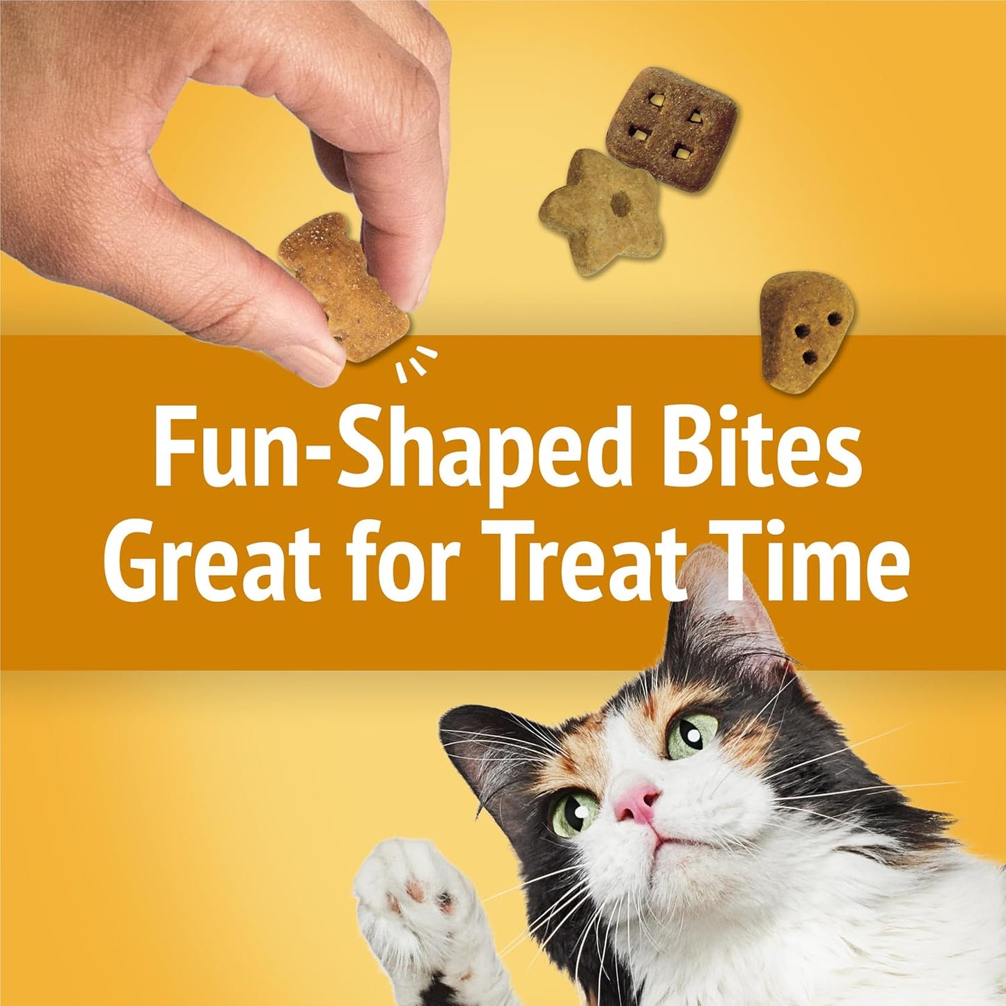 Purina cheese flavored cat snacks highlighting complete balanced nutrition for adult cats