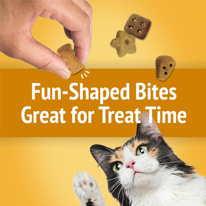 Purina cheese flavored cat snacks highlighting complete balanced nutrition for adult cats