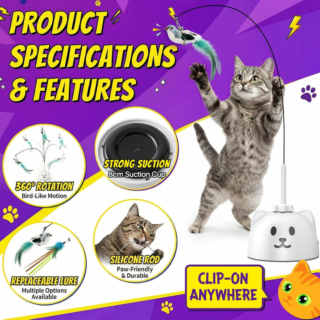 Indoor cat playing with 360 degree rotating feather wand pet toy.