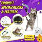 Indoor cat playing with 360 degree rotating feather wand pet toy.