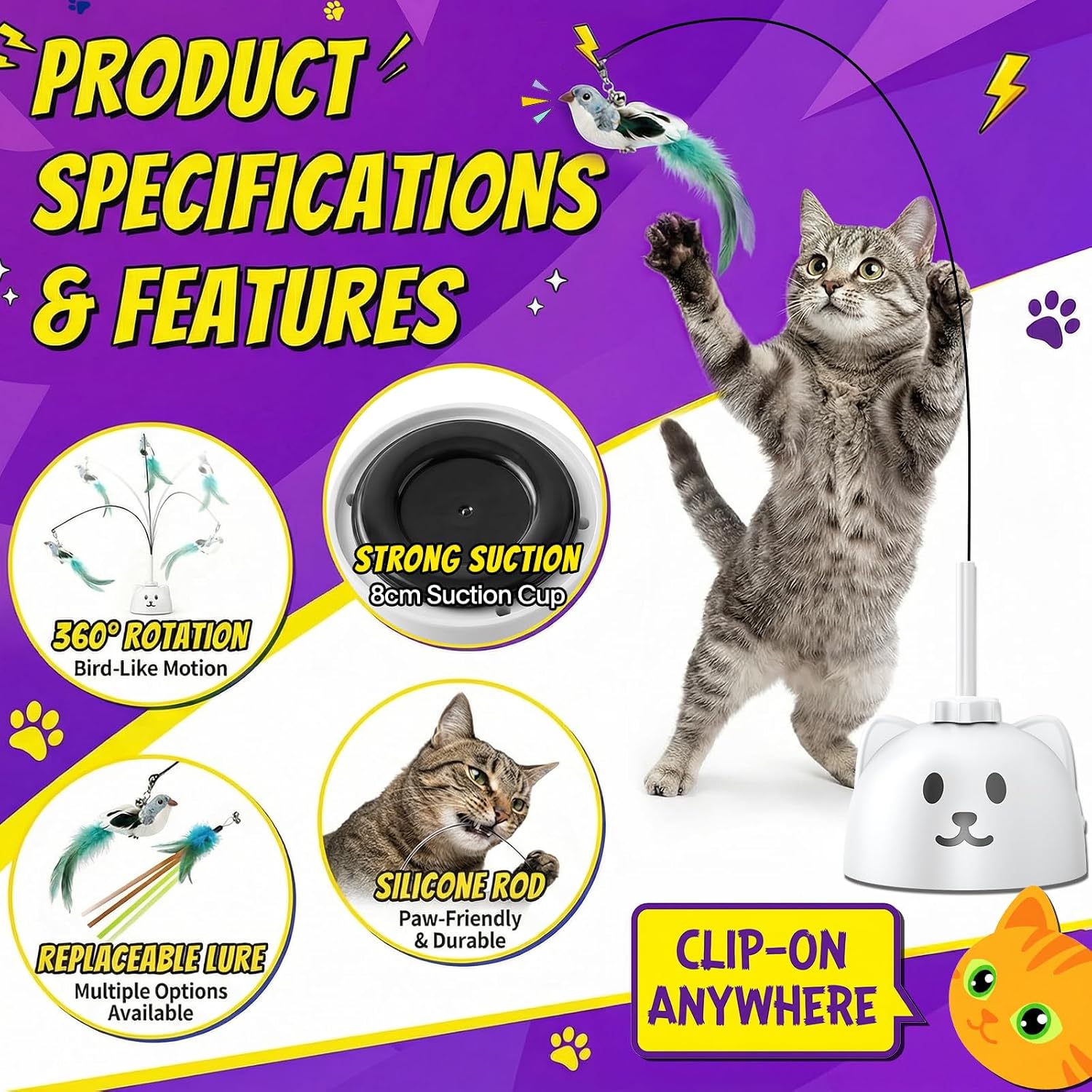 Indoor cat playing with 360 degree rotating feather wand pet toy.
