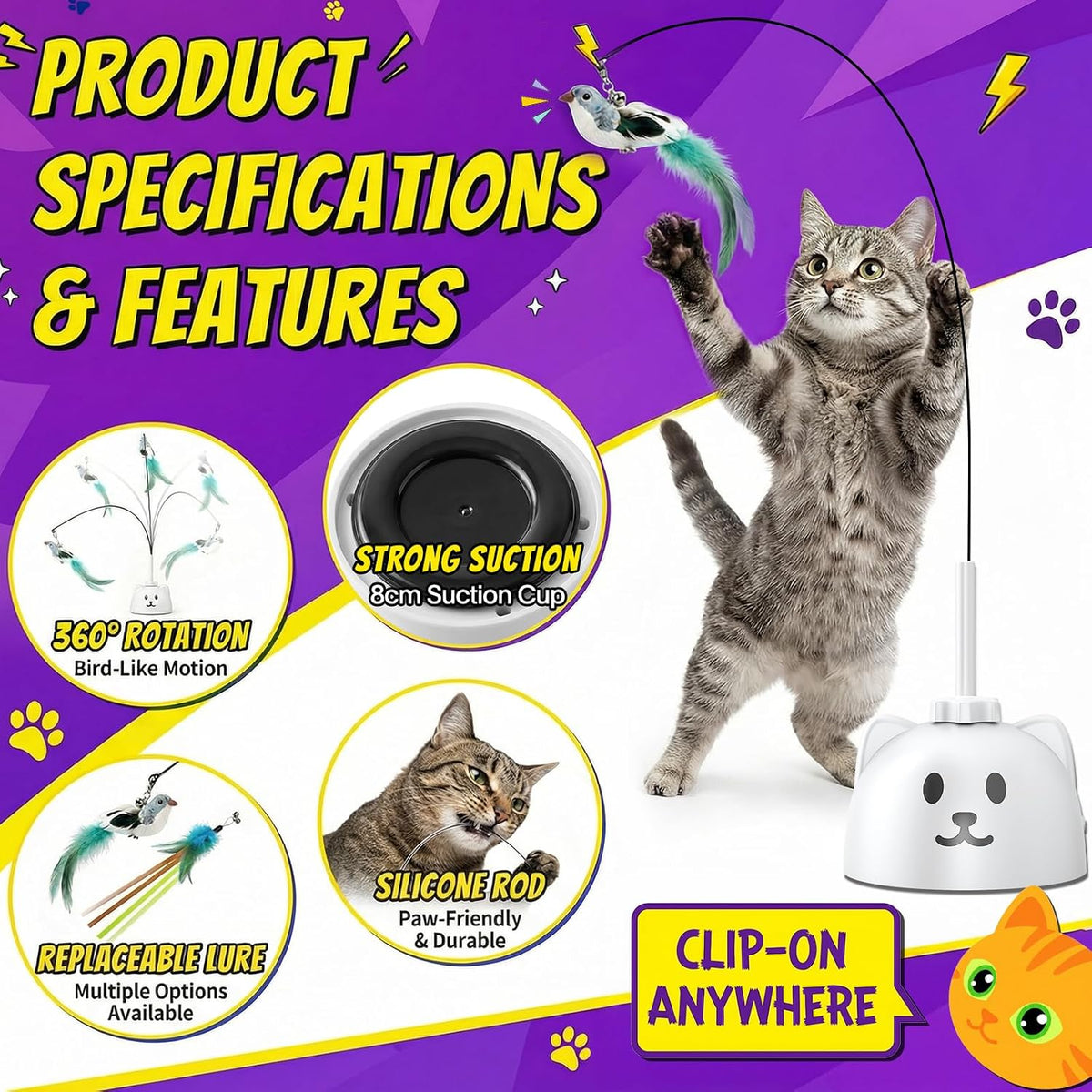 Indoor cat playing with 360 degree rotating feather wand pet toy.