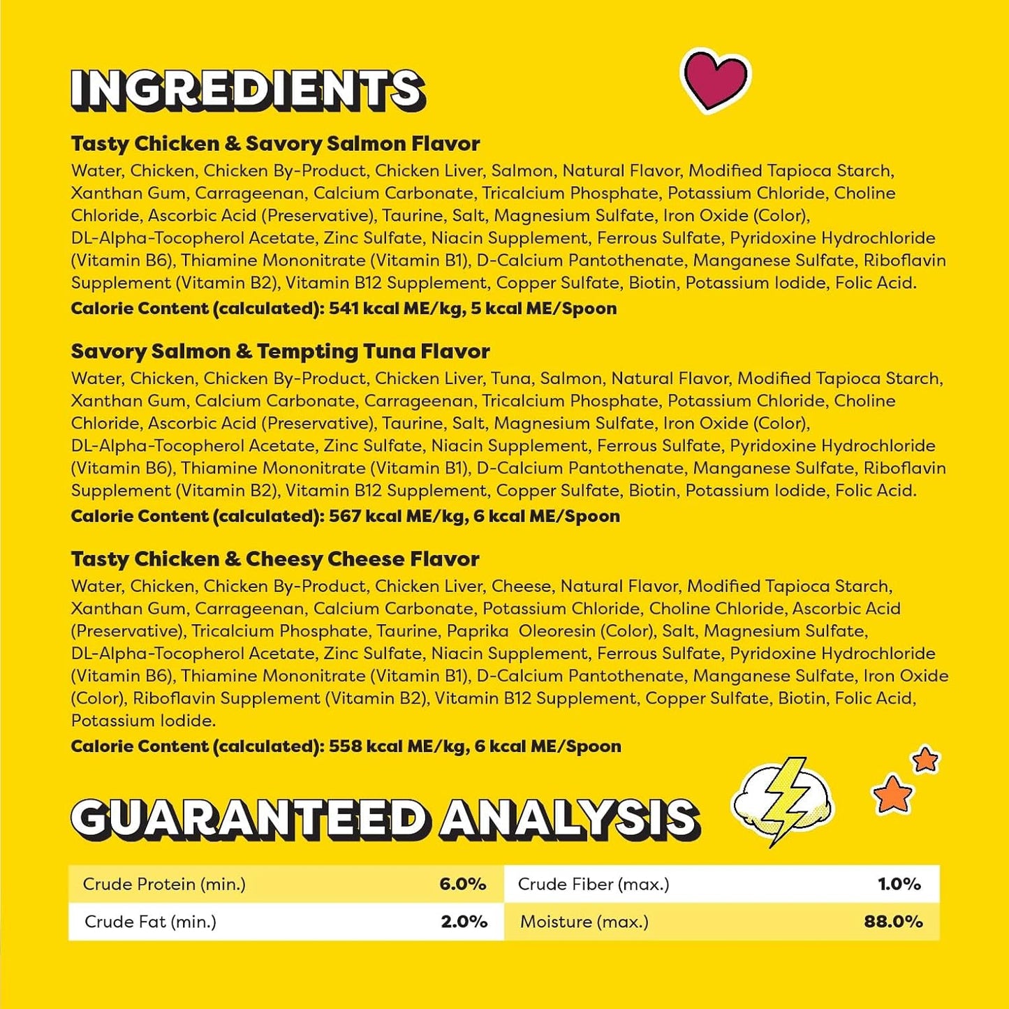 Back label of Temptations wet cat treats detailing ingredients and feeding guidelines