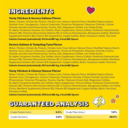 Back label of Temptations wet cat treats detailing ingredients and feeding guidelines