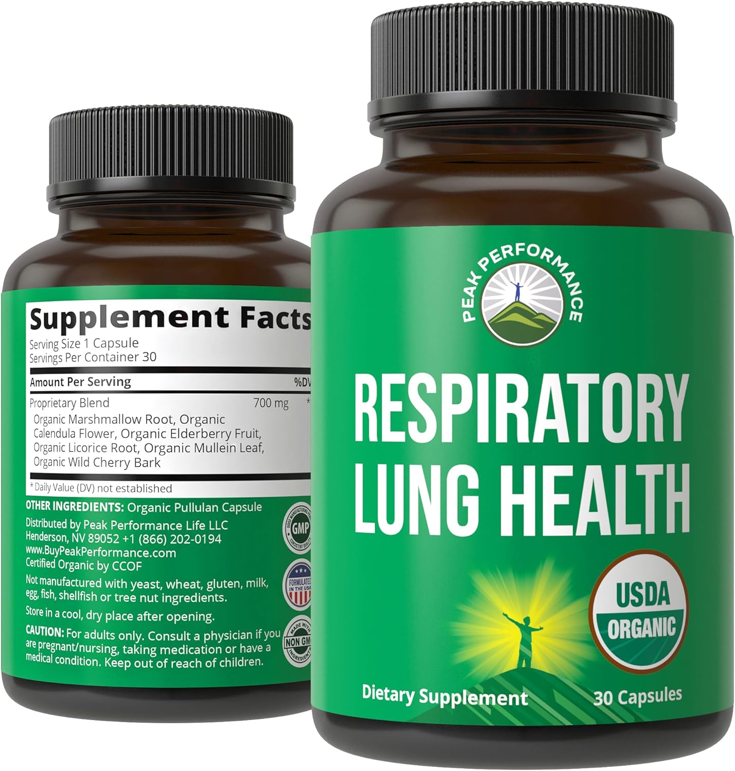 Peak Performance USDA Organic Lung Detox bottle front view for respiratory health