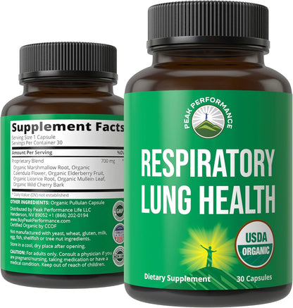 Peak Performance USDA Organic Lung Detox bottle front view for respiratory health