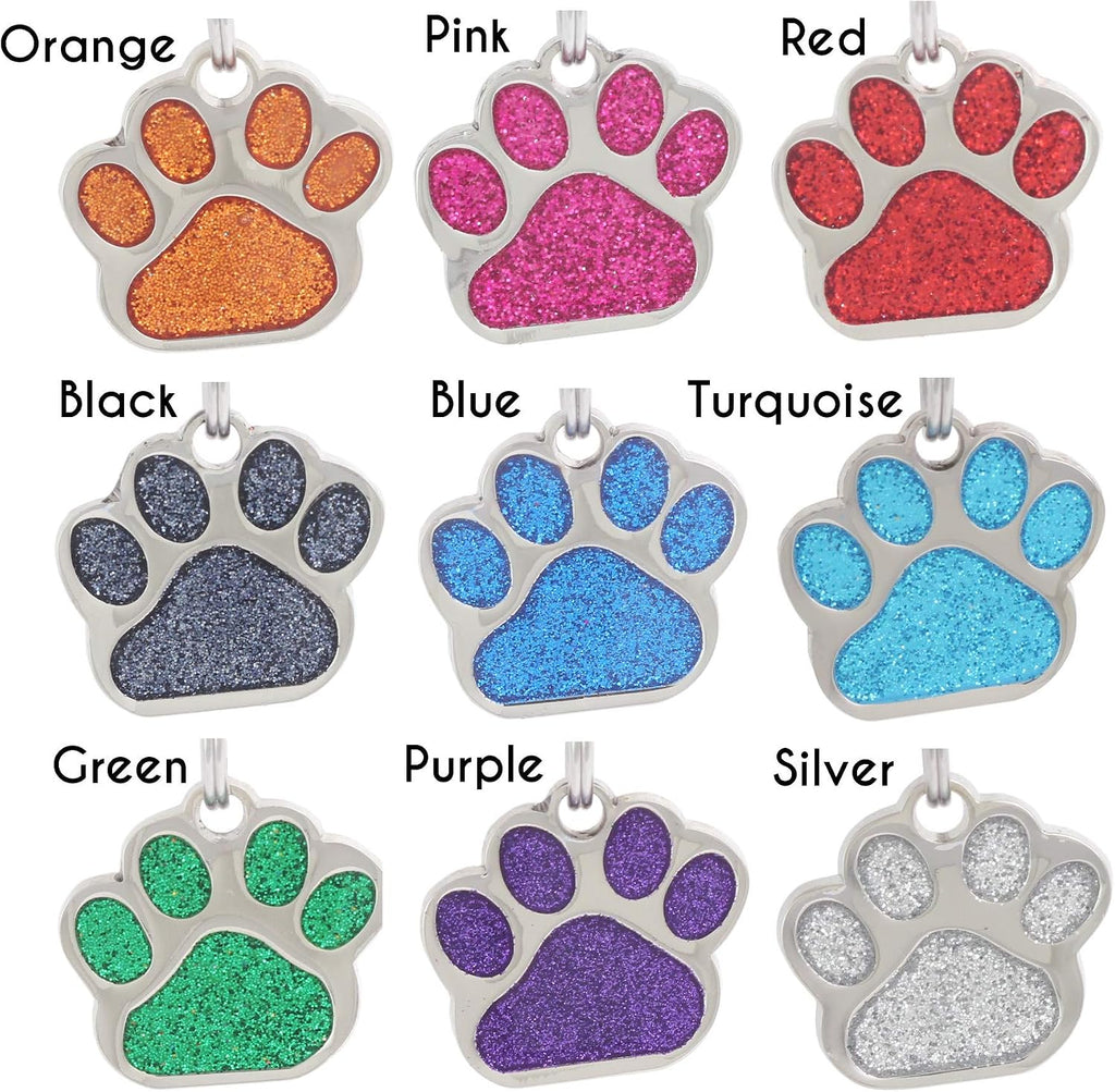 Stainless steel personalized pink paw tag back panel showing laser etched text space