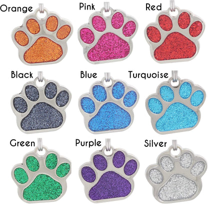 Stainless steel personalized pink paw tag back panel showing laser etched text space
