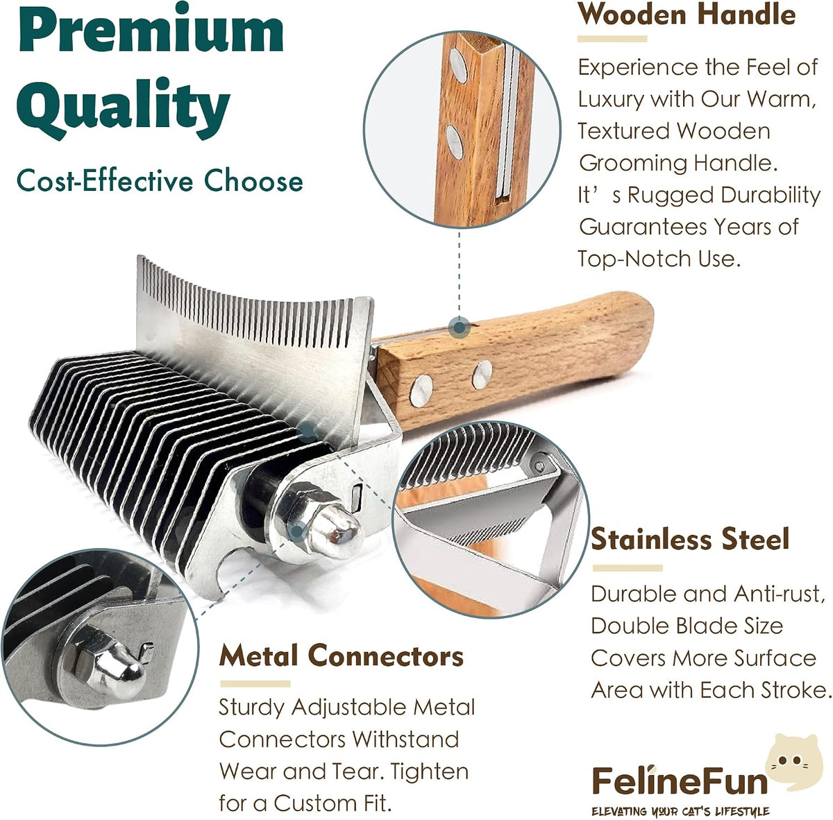 FelineFun grooming rake ergonomic premium wooden handle angle shot