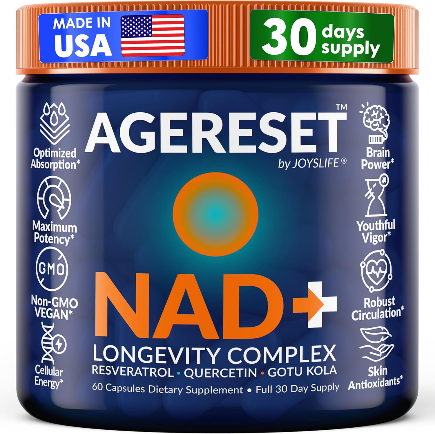 JoysLife AGERESET NAD Supplement front view bottle of longevity complex capsules