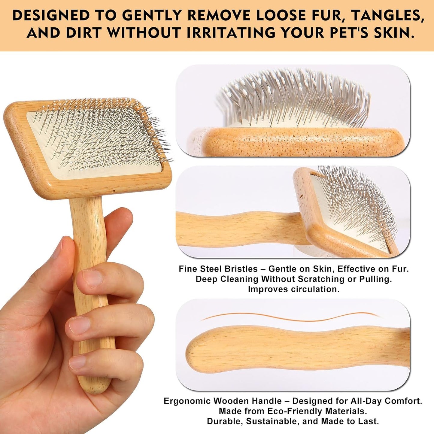 Rectangular dog brush with wooden handle for deshedding and detangling