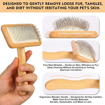 Rectangular dog brush with wooden handle for deshedding and detangling