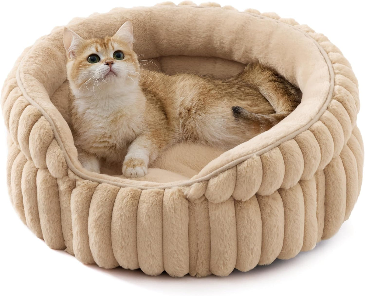 Bedsure ComfyFleece(TM) Cat Bed, Washable Round Cute Pet Beds for Indoor Cats, Super Soft Corduroy Kitten Bed with Anti-Slip Bottom, 20''x20''x8'', Cream - Image 13