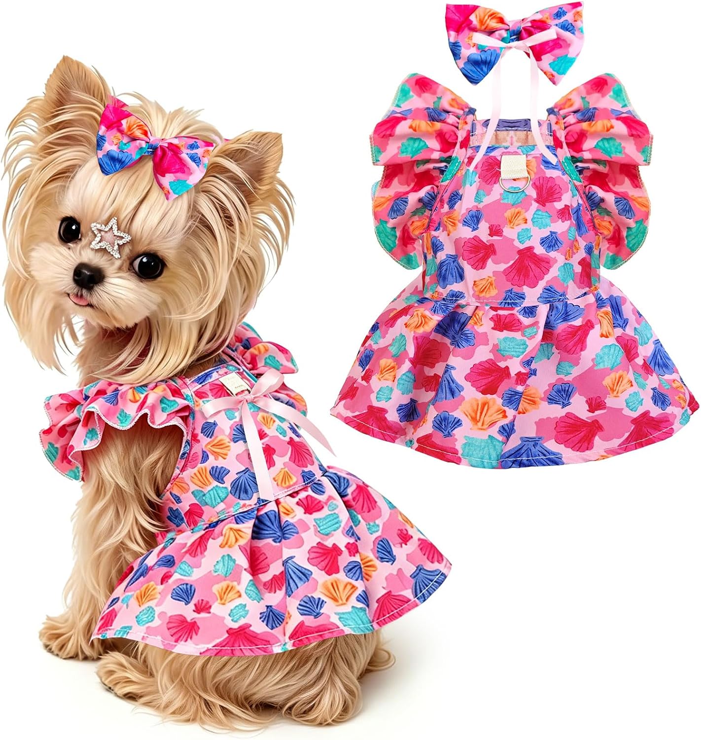 ABRRLO Cute Floral Small Dog Harness Dress in coral pink front view showing ruffle sleeve detailing.